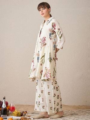 Floral Printed  Cotton Shirt Collar A-Line Kurta With Palazzos 3
