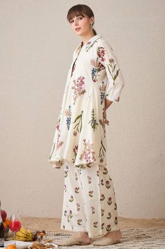Floral Printed Cotton Shirt Collar A-Line Kurta With Palazzos