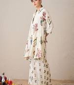 Floral Printed Cotton Shirt Collar A-Line Kurta With Palazzos