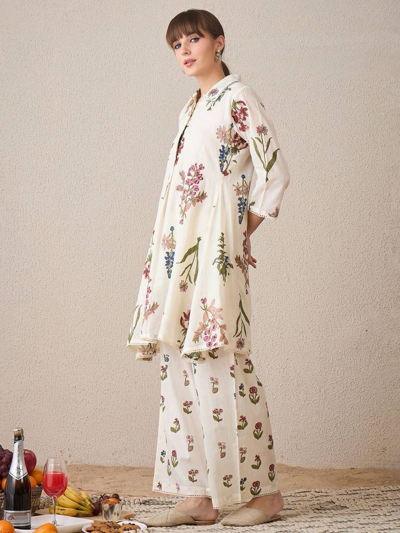 Floral Printed  Cotton Shirt Collar A-Line Kurta With Palazzos
