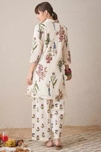 Floral Printed  Cotton Shirt Collar A-Line Kurta With Palazzos
