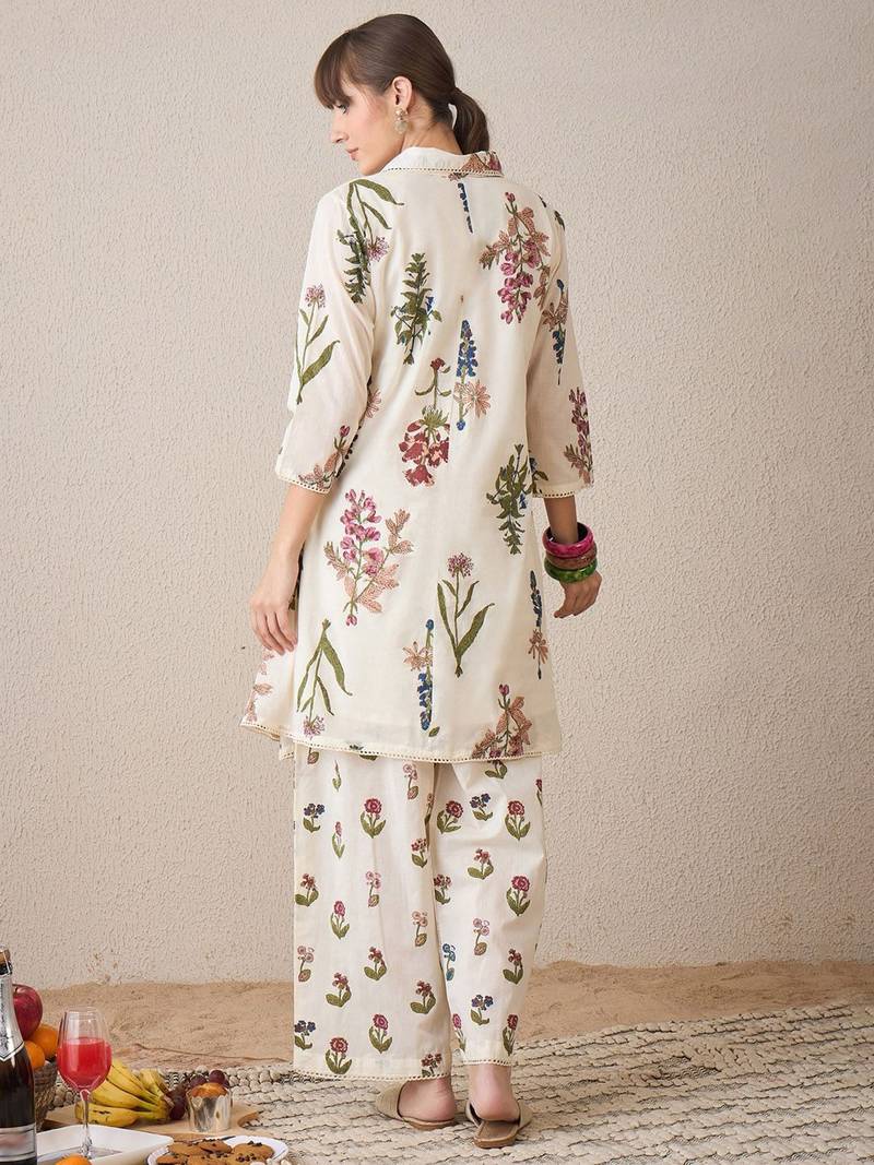 Floral Printed  Cotton Shirt Collar A-Line Kurta With Palazzos