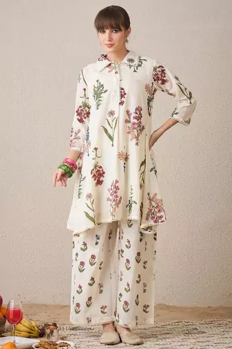 Floral Printed  Cotton Shirt Collar A-Line Kurta With Palazzos