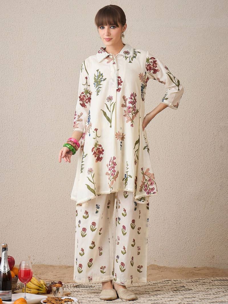 Floral Printed  Cotton Shirt Collar A-Line Kurta With Palazzos