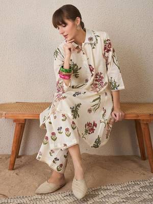 Floral Printed  Cotton Shirt Collar A-Line Kurta With Palazzos 6