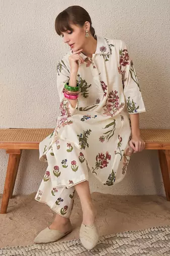 Floral Printed  Cotton Shirt Collar A-Line Kurta With Palazzos