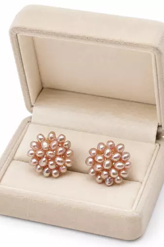 Pearl cluster flower stud earrings, pink freshwater pearl