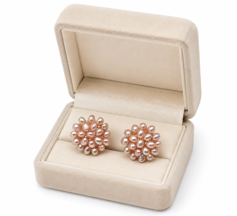 Pearl cluster flower stud earrings, pink freshwater pearl