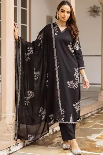 Women Floral Embroidered Regular Thread Work  Cotton Kurta with Trousers & With Dupatta