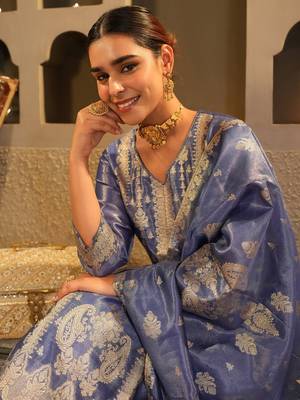 Floral Woven Design V-Neck Liva Zari Straight Kurta & Trousers With Dupatta 1