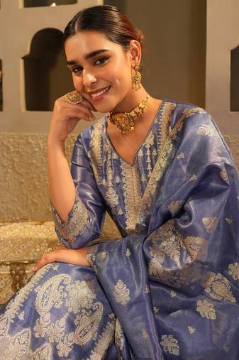 Floral Woven Design V-Neck Liva Zari Straight Kurta & Trousers With Dupatta
