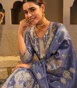 Floral Woven Design V-Neck Liva Zari Straight Kurta & Trousers With Dupatta