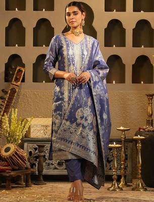 Floral Woven Design V-Neck Liva Zari Straight Kurta & Trousers With Dupatta 2