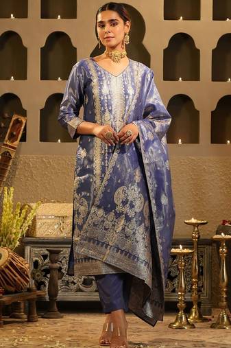 Floral Woven Design V-Neck Liva Zari Straight Kurta & Trousers With Dupatta