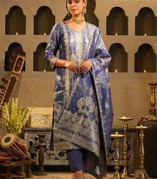 Floral Woven Design V-Neck Liva Zari Straight Kurta & Trousers With Dupatta