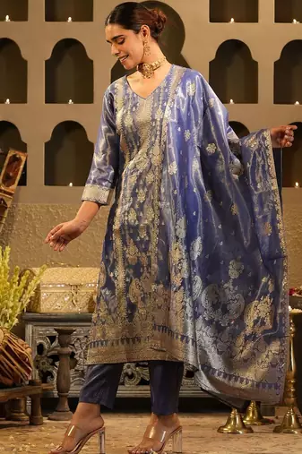 Floral Woven Design V-Neck Liva Zari Straight Kurta & Trousers With Dupatta
