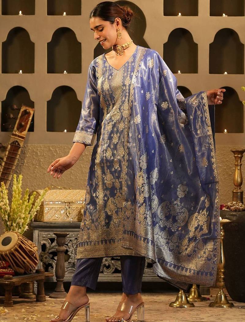 Floral Woven Design V-Neck Liva Zari Straight Kurta & Trousers With Dupatta
