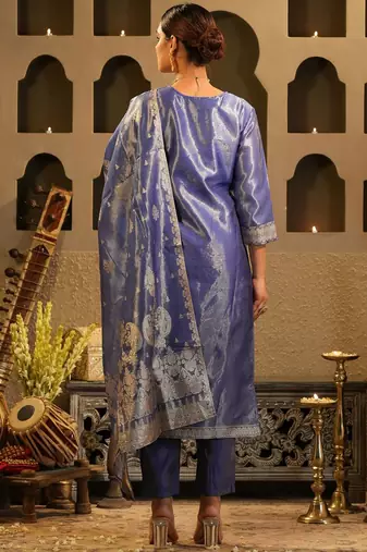 Floral Woven Design V-Neck Liva Zari Straight Kurta & Trousers With Dupatta