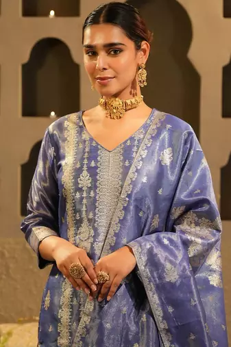 Floral Woven Design V-Neck Liva Zari Straight Kurta & Trousers With Dupatta
