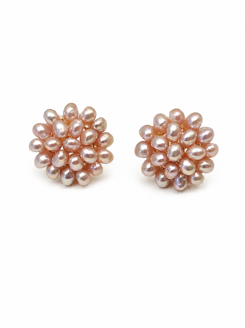 Pearl cluster flower stud earrings, pink freshwater pearl
