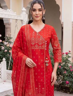 Women Ethnic Motifs Printed Angrakha  Cotton Kurta with Trousers & With Dupatta 2