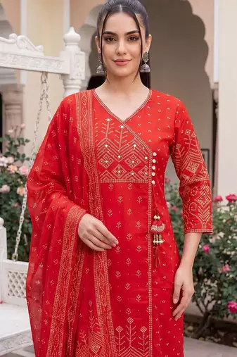 Women Ethnic Motifs Printed Angrakha  Cotton Kurta with Trousers & With Dupatta