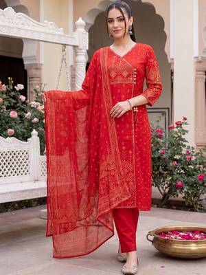 Women Ethnic Motifs Printed Angrakha  Cotton Kurta with Trousers & With Dupatta 3