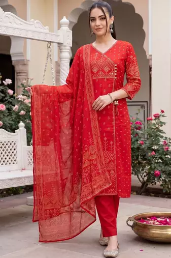 Women Ethnic Motifs Printed Angrakha  Cotton Kurta with Trousers & With Dupatta