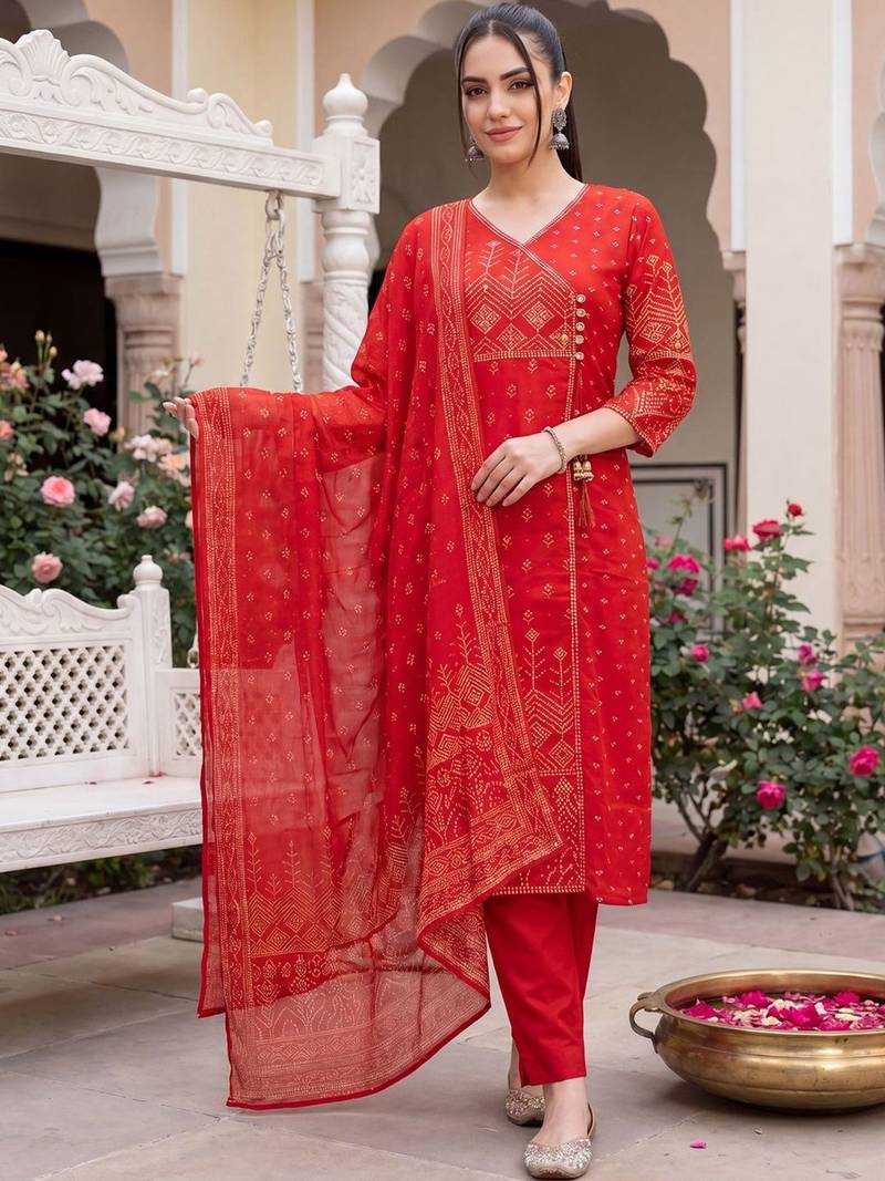 Women Ethnic Motifs Printed Angrakha  Cotton Kurta with Trousers & With Dupatta