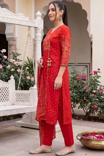 Women Ethnic Motifs Printed Angrakha  Cotton Kurta with Trousers & With Dupatta