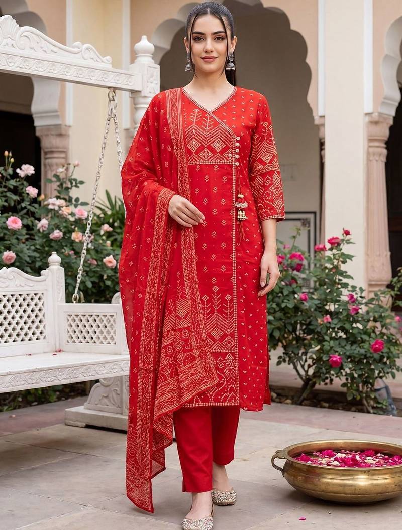 Women Ethnic Motifs Printed Angrakha  Cotton Kurta with Trousers & With Dupatta