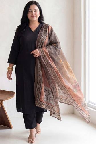 Plus Size Black Solid A-Line Kurta Trousers With Dupatta Set