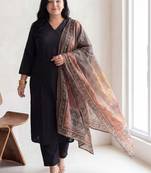 Plus Size Black Solid A-Line Kurta Trousers With Dupatta Set