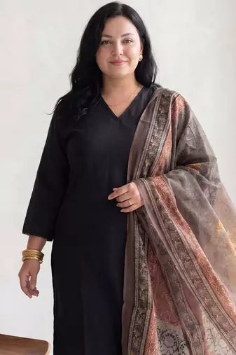 Plus Size Black Solid A-Line Kurta Trousers With Dupatta Set