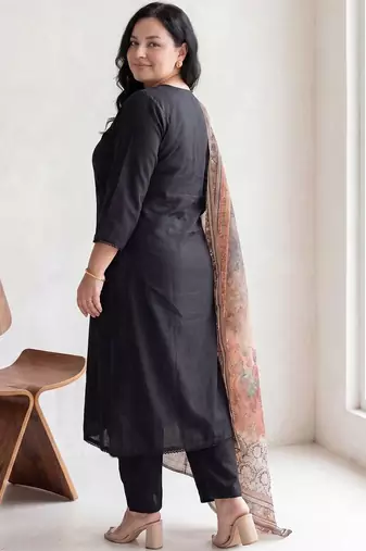 Plus Size Black Solid A-Line Kurta Trousers With Dupatta Set