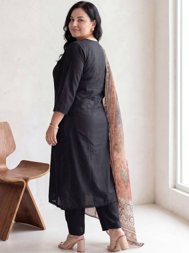 Plus Size Black Solid A-Line Kurta Trousers With Dupatta Set