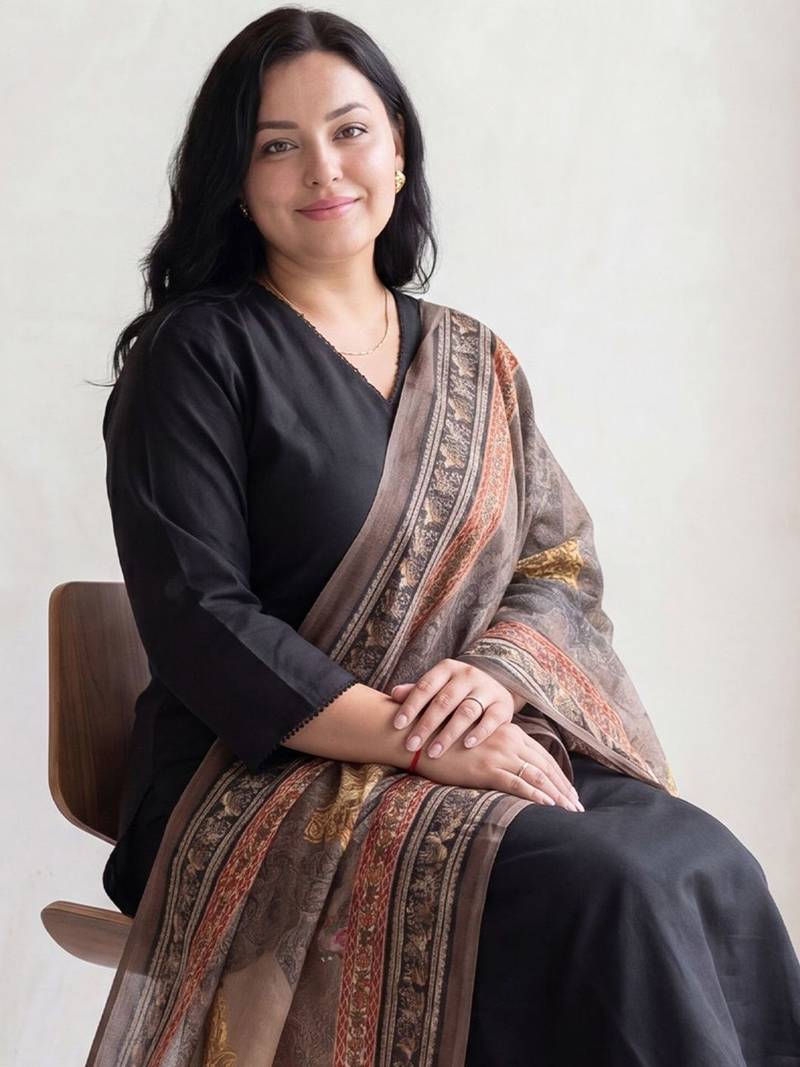 Plus Size Black Solid A-Line Kurta Trousers With Dupatta Set