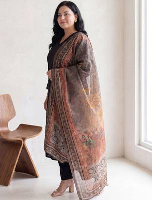 Plus Size Black Solid A-Line Kurta Trousers With Dupatta Set 6