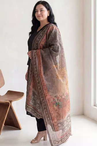 Plus Size Black Solid A-Line Kurta Trousers With Dupatta Set