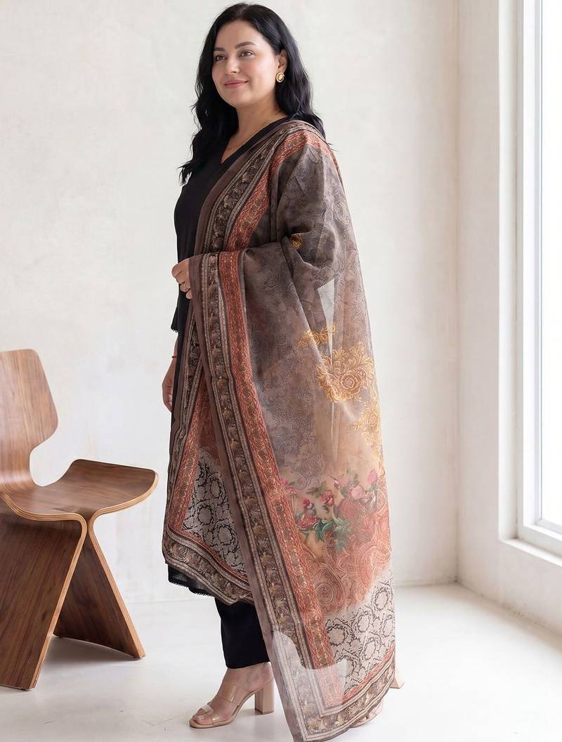 Plus Size Black Solid A-Line Kurta Trousers With Dupatta Set