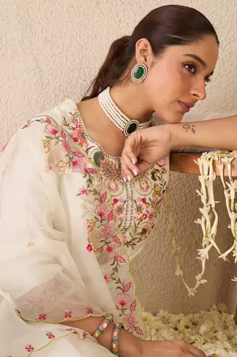 Floral Embroidered Round Neck Kurta With Trousers & Dupatta