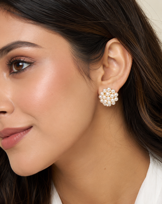 Freshwater pearl cluster stud earrings, white floral design 1