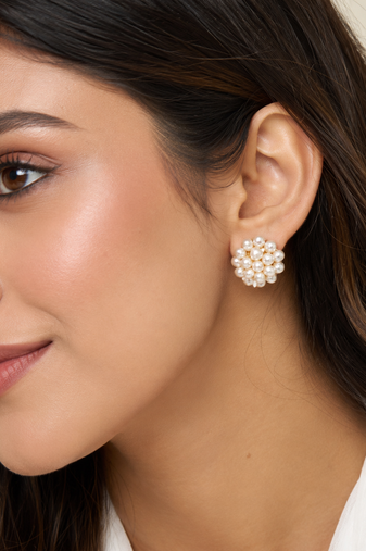 Freshwater pearl cluster stud earrings, white floral design
