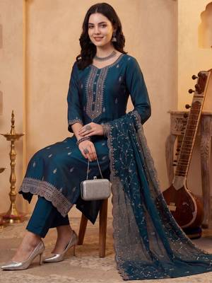 Women Ethnic Motifs Embroidered Regular Thread Work Kurta with Trousers & With Dupatta 1