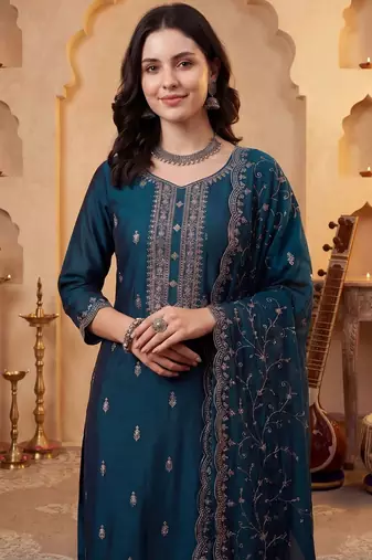 Women Ethnic Motifs Embroidered Regular Thread Work Kurta with Trousers & With Dupatta