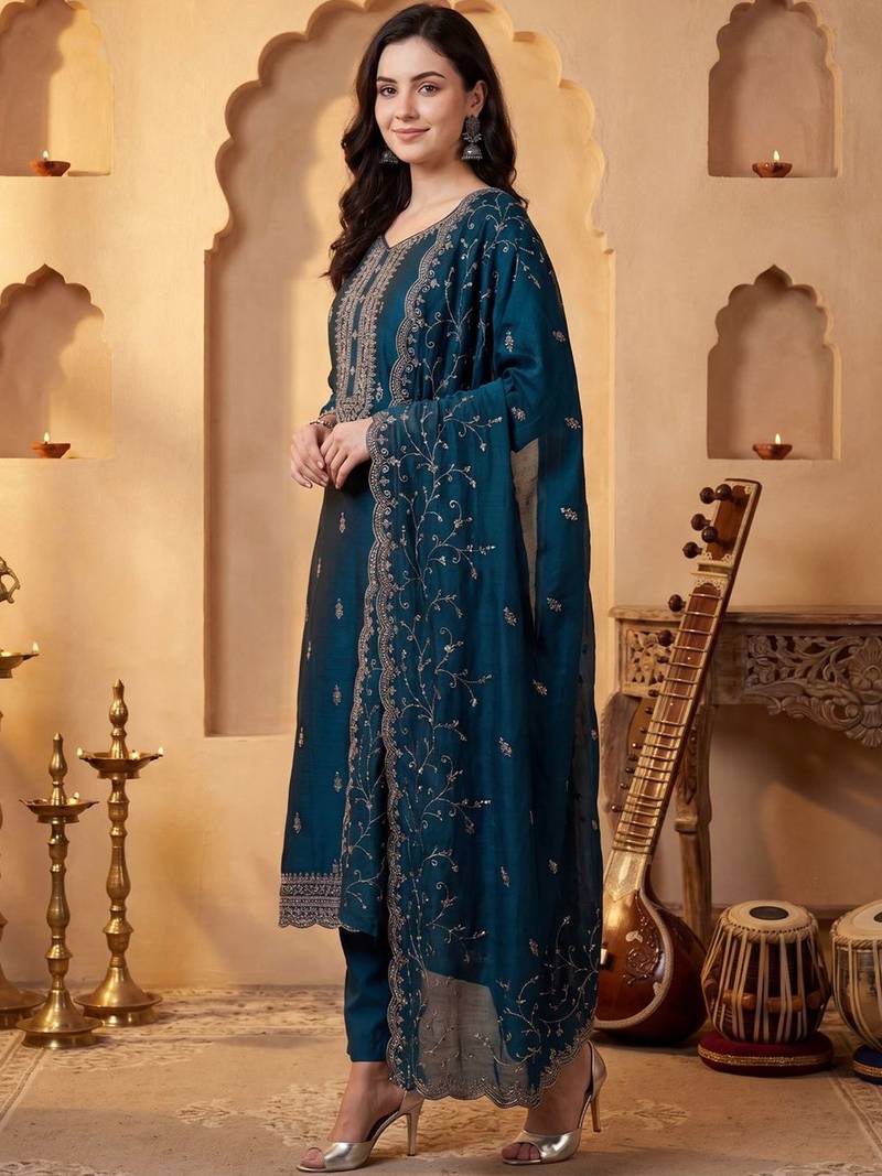 Women Ethnic Motifs Embroidered Regular Thread Work Kurta with Trousers & With Dupatta