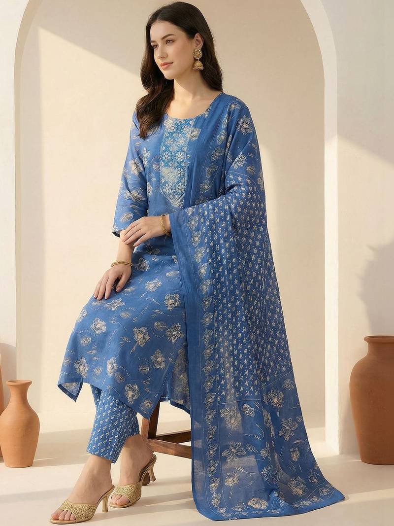 Women Floral Printed Regular Thread Work Kurta with Trousers & With Dupatta