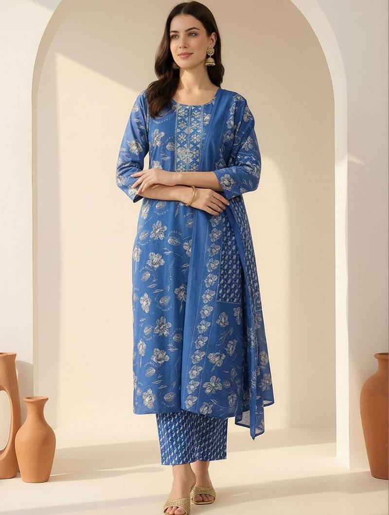 Women Floral Printed Regular Thread Work Kurta with Trousers & With Dupatta