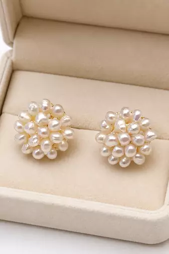 Freshwater pearl cluster stud earrings, white floral design