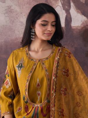 Ethnic Motifs Printed Straight Thread Work Kurta With Trousers & Dupatta 1